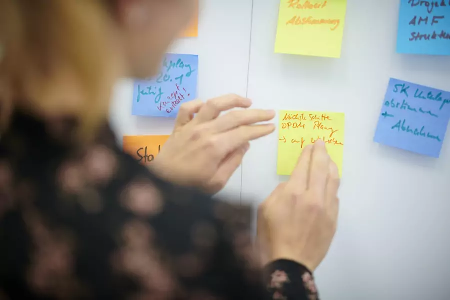 Projektmanagement München – Straight Ahead Consulting Notizzettel werden ans Whiteboard geklebt - Projektmanangement